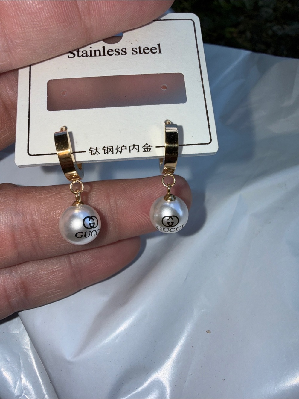 Gold Tone Pearl Drop GG Statement Earrings - Picture 2 of 4